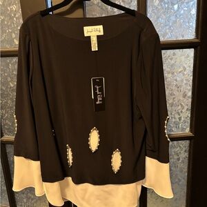 Joseph Ribkoff Brown and Cream Asymmetrical Embellished Blouse